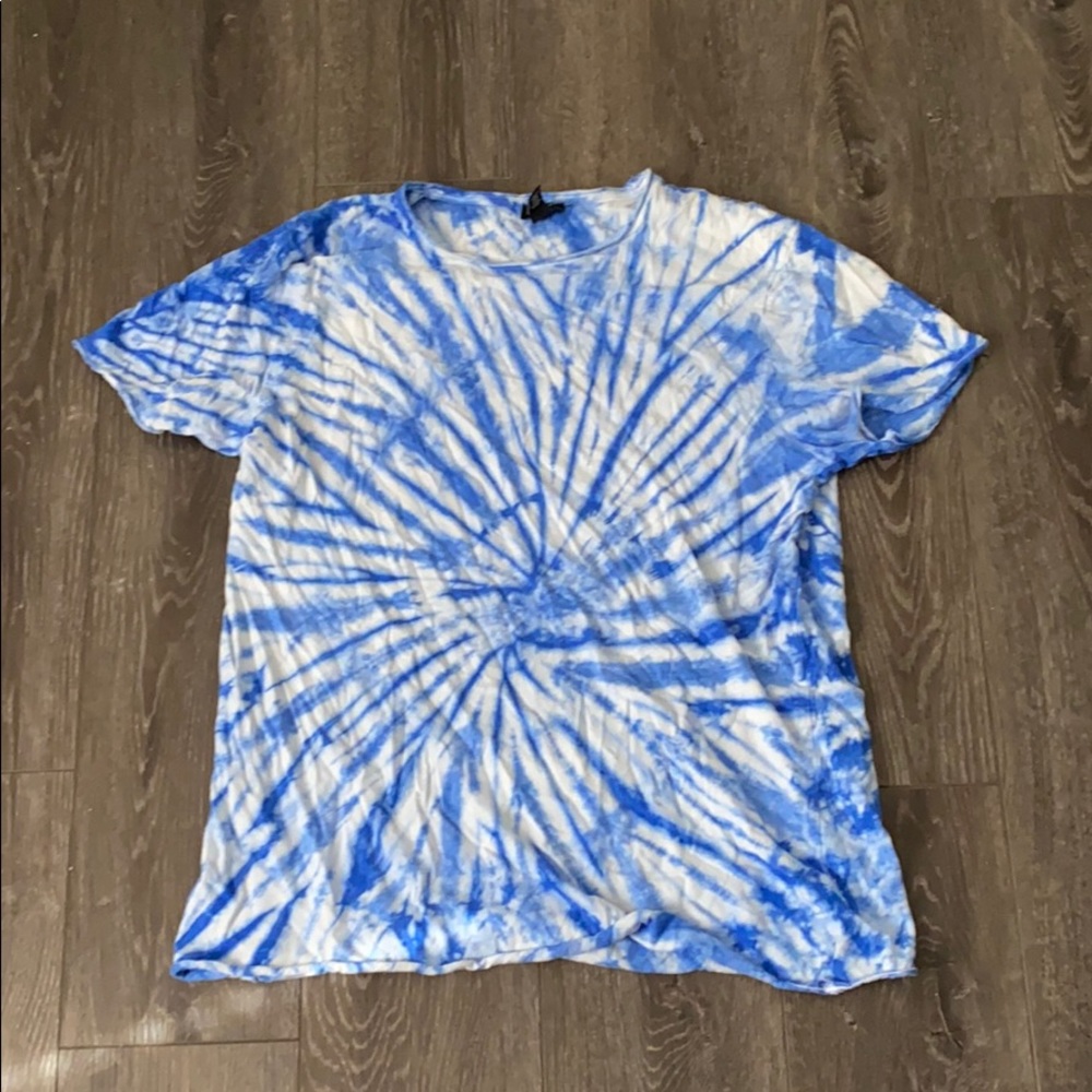 Tie-dye blue and white oversized shirt.